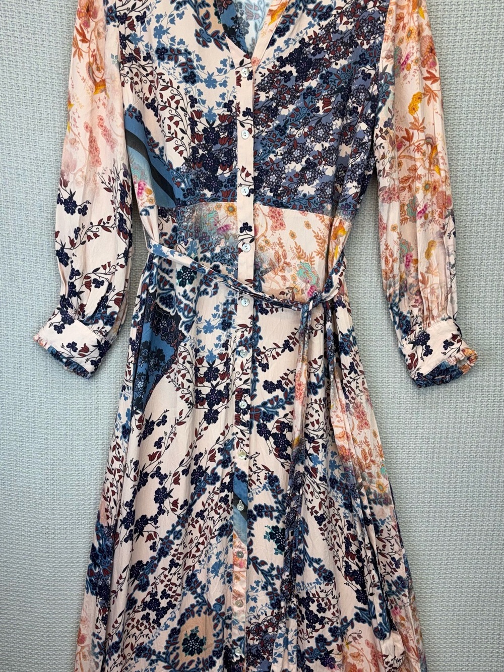 Soft Surroundings Women's L Nassau Maxi Dress Peach Blue Floral Belted Cottage